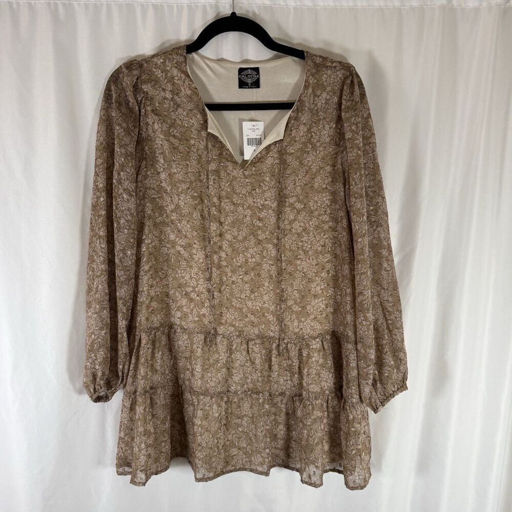 New Cal Style Tunic Women's Small Tan Floral Textured Vneck Neutral Sheer Sleeve